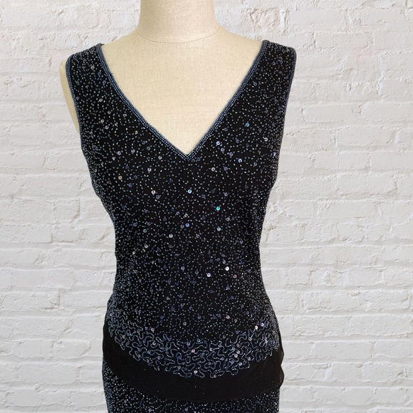 Black beaded two-piece midi dress with asymmetrical hem from Newport News - Picture 3 of 7
